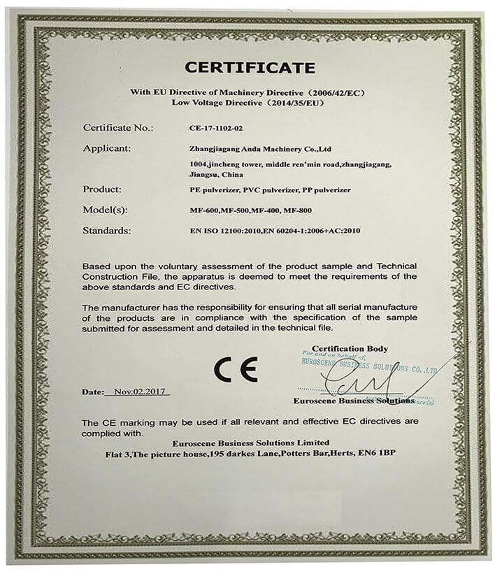 Congratulations to ANDA Company LDPE pulverizer machine, PVC milling machine for CE certification